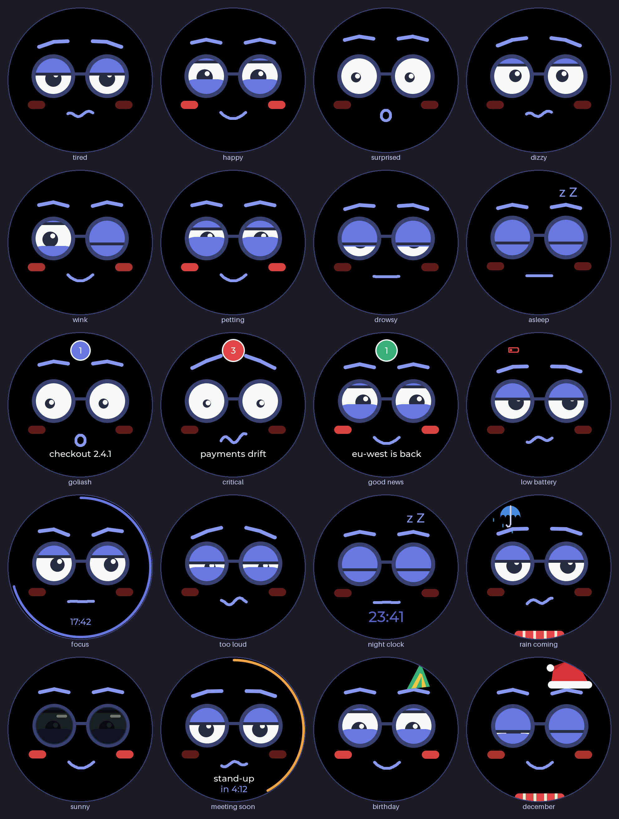 All of Goli's expressions: tired, happy, surprised, dizzy, drowsy, asleep, wink, alert
