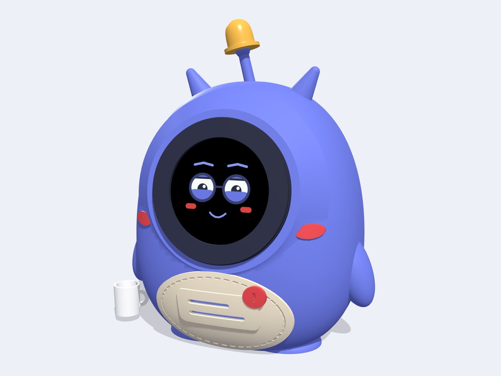 Goli desk bot, a round lilac robot smiling on his screen