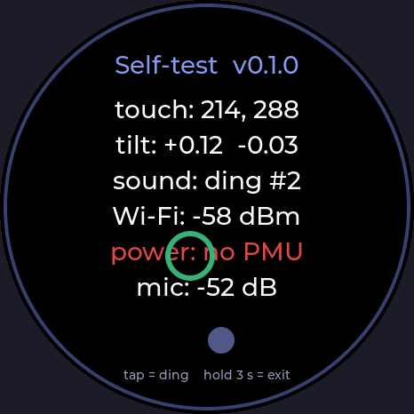 Self-test screen with touch, tilt, sound, Wi-Fi and battery readings