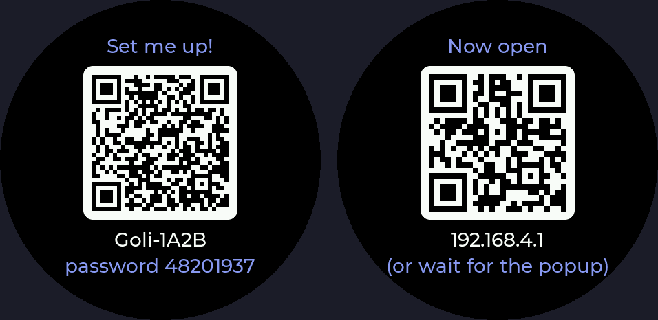 Goli's screen showing a Wi-Fi QR code and a page QR code